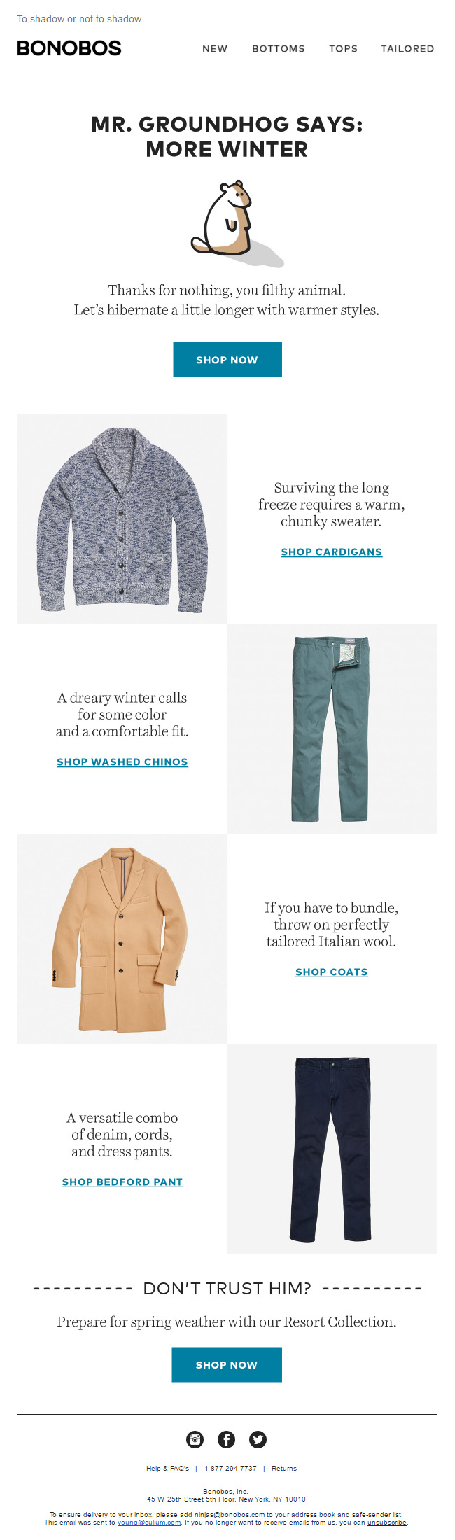 February email newsletter from Bonobos on Groundhog Day